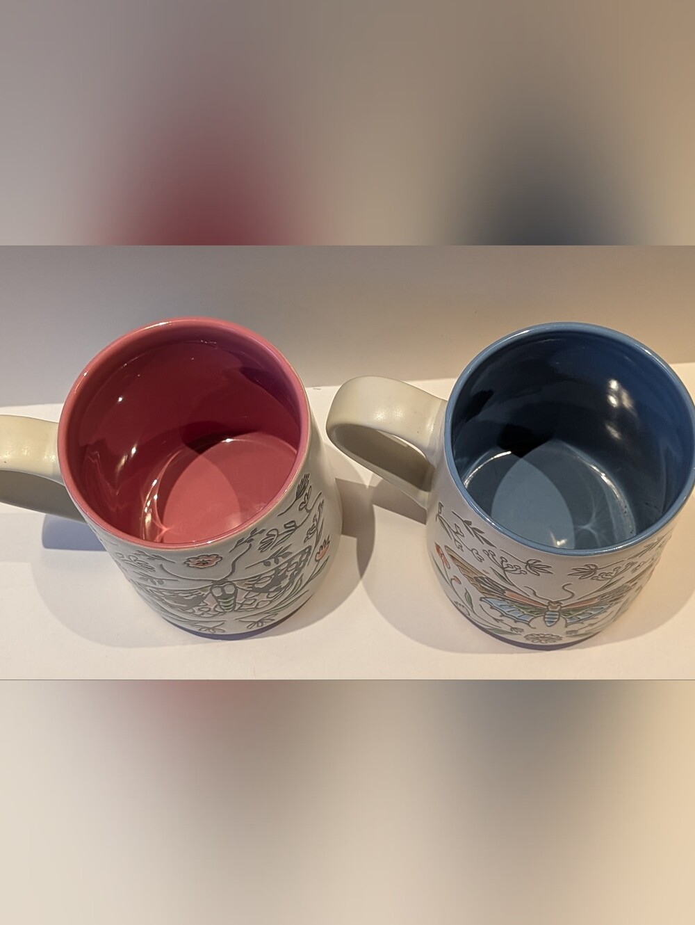 2 Ceramic Butterfly Floral Mugs One With Pink Interior & One With Blue Interior - Picture 2 of 4